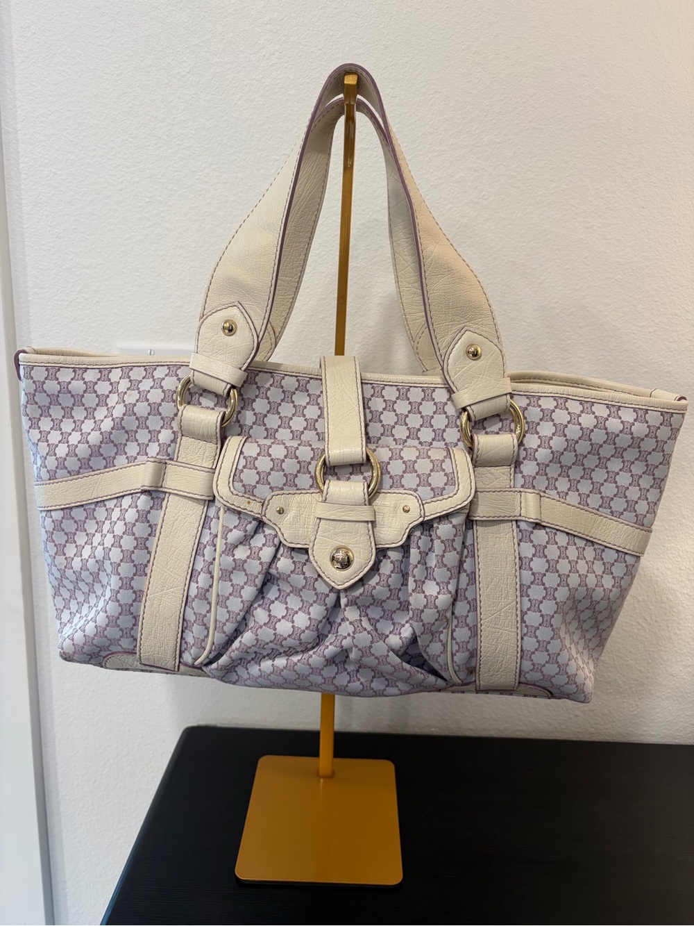 Vintage Celine Macadam Canvas Tote Bag in a purple and white/cream